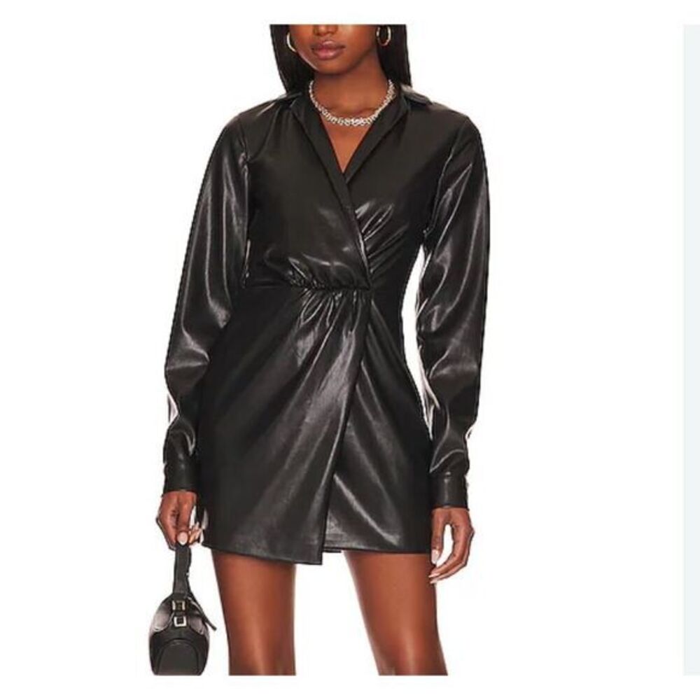 Lovers And Friends Spencer Mini Dress XS Black Faux Leather Long Sleeve Wrap